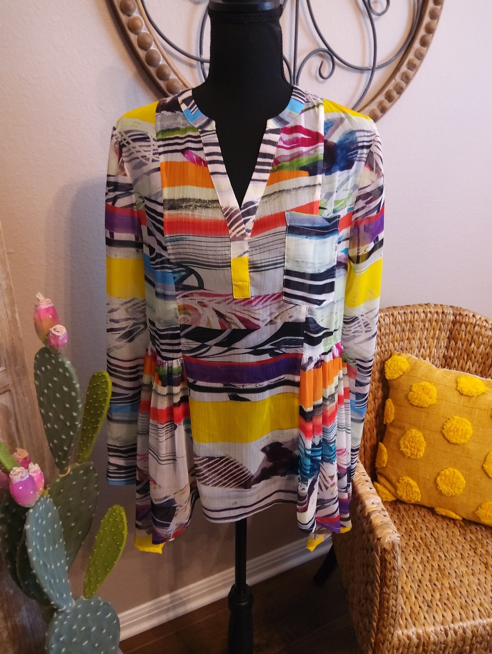 Christina Multicolor Striped V-Neck Blouse with Yellow Accents